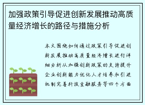 加强政策引导促进创新发展推动高质量经济增长的路径与措施分析