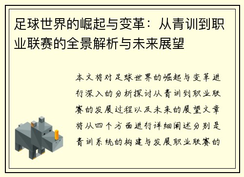 足球世界的崛起与变革：从青训到职业联赛的全景解析与未来展望