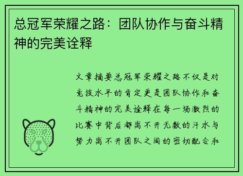 总冠军荣耀之路：团队协作与奋斗精神的完美诠释