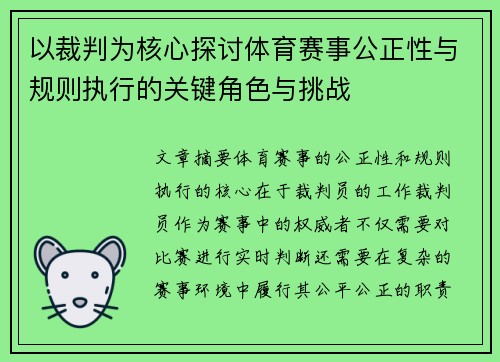 以裁判为核心探讨体育赛事公正性与规则执行的关键角色与挑战