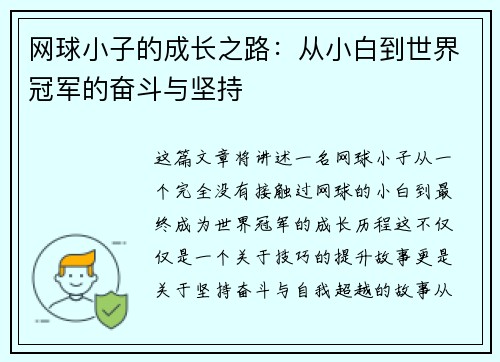 网球小子的成长之路：从小白到世界冠军的奋斗与坚持